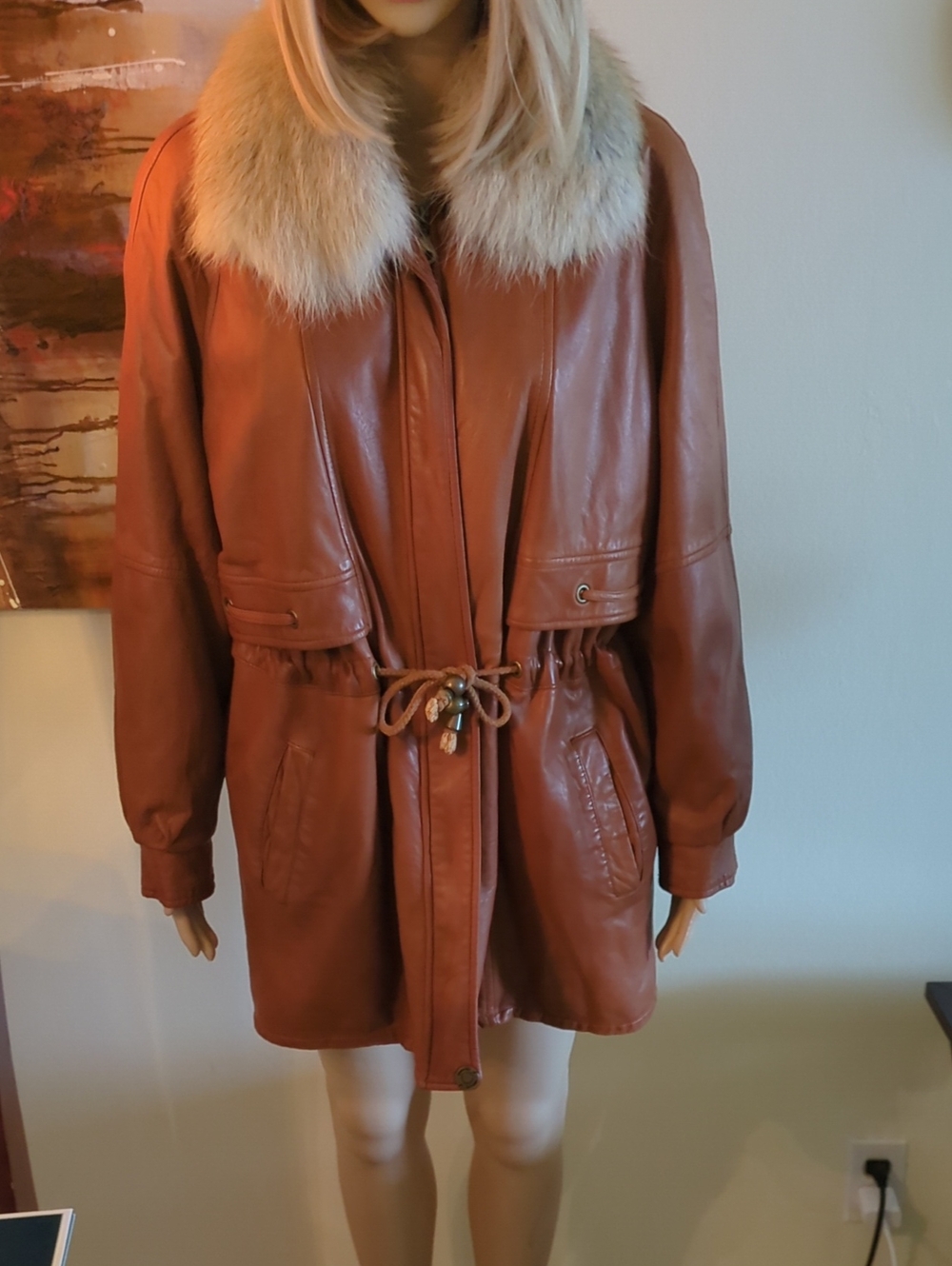 Vericci Rust Brown Leather Coat with Real Fox Fur Collar.